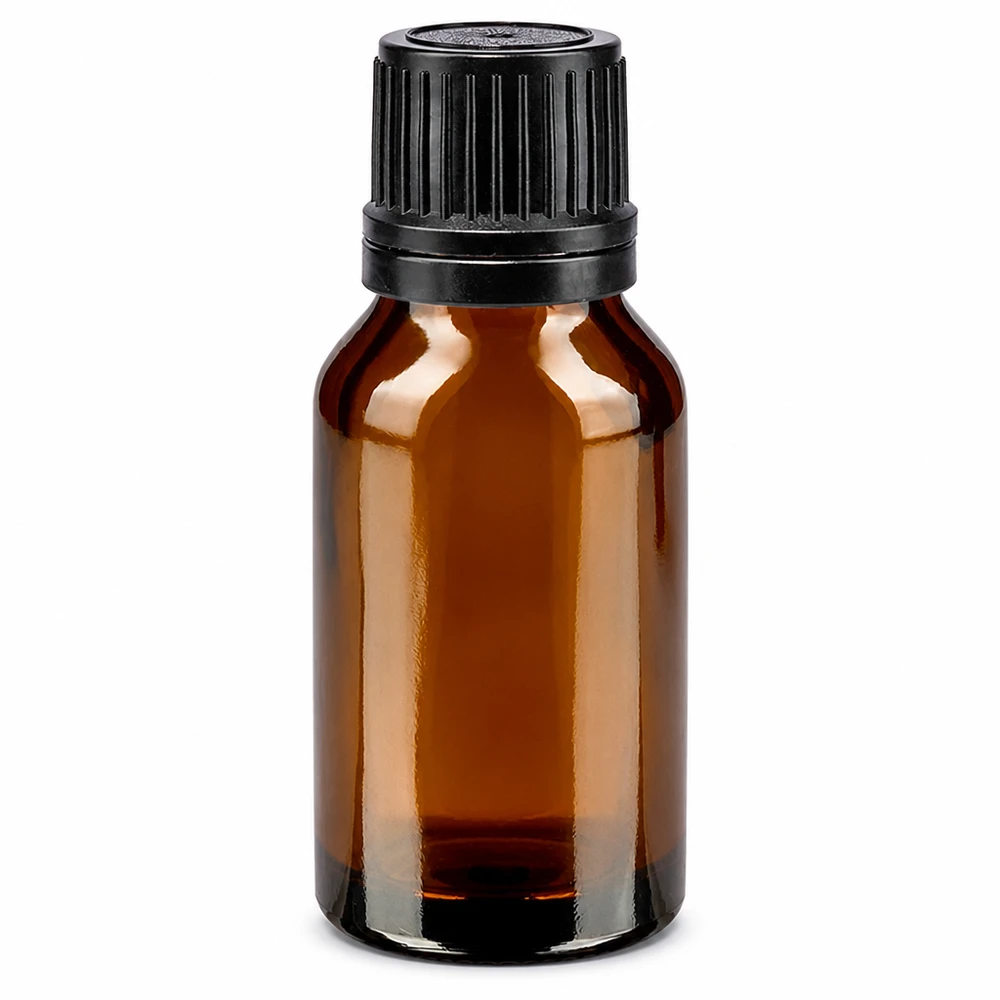 Bottiglia da farmacia marrone da 15 ml con tappo a vite nero. OV Flacone da farmacia marrone da 15 ml con tappo a vite nero e anello versatore in vetro marrone