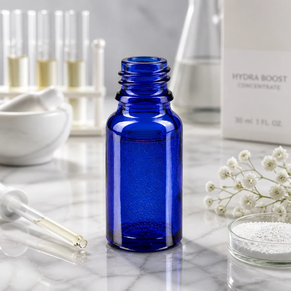 Flacone professionale in vetro blu 10ml ApoGlas con quantità di riempimento precisa per farmacie