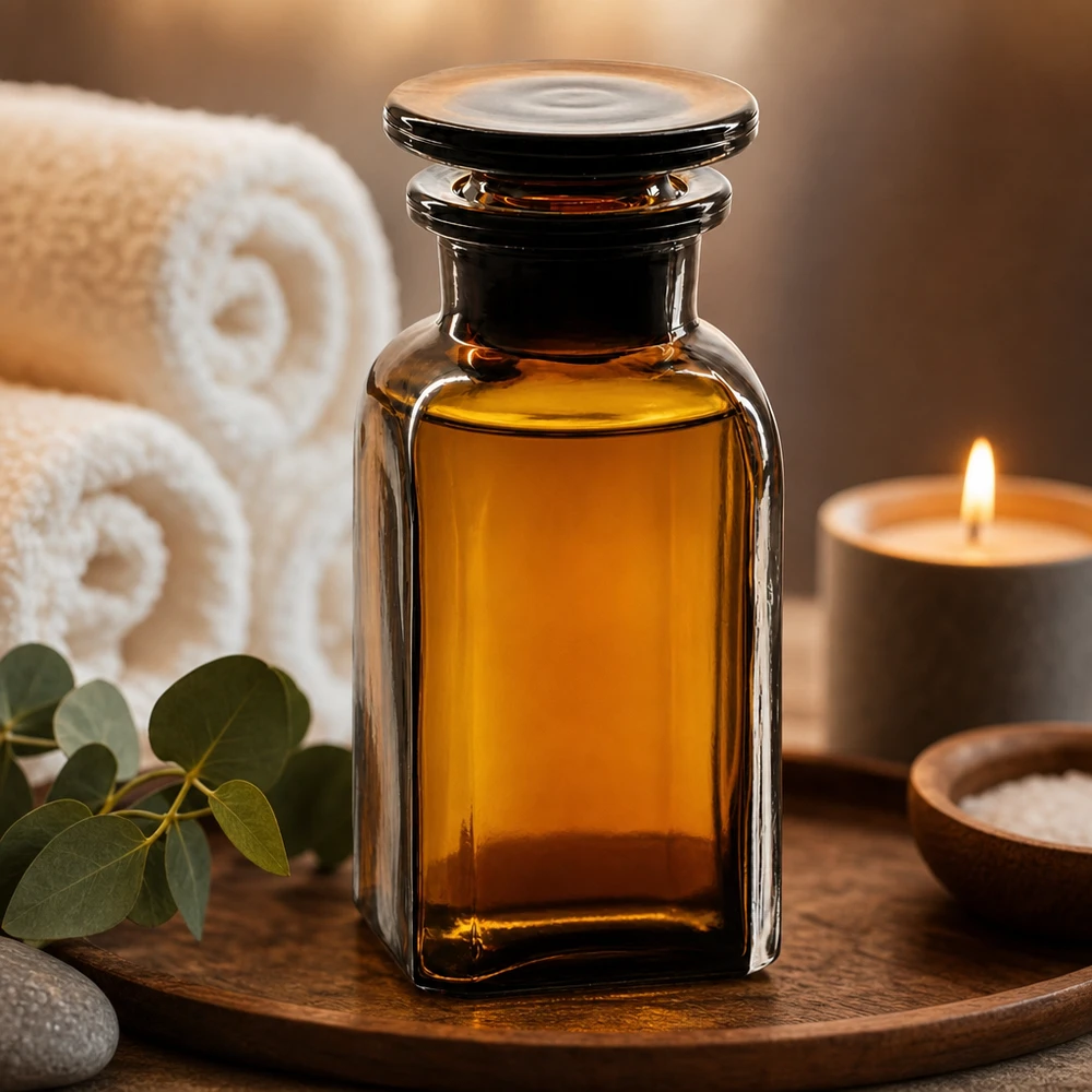 Bottiglia quadrata 100ml marrone a collo largo, tappo in vetro Flacone per oli essenziali da 100 ml in vetro quadrato marrone con tappo in vetro, su vassoio in legno