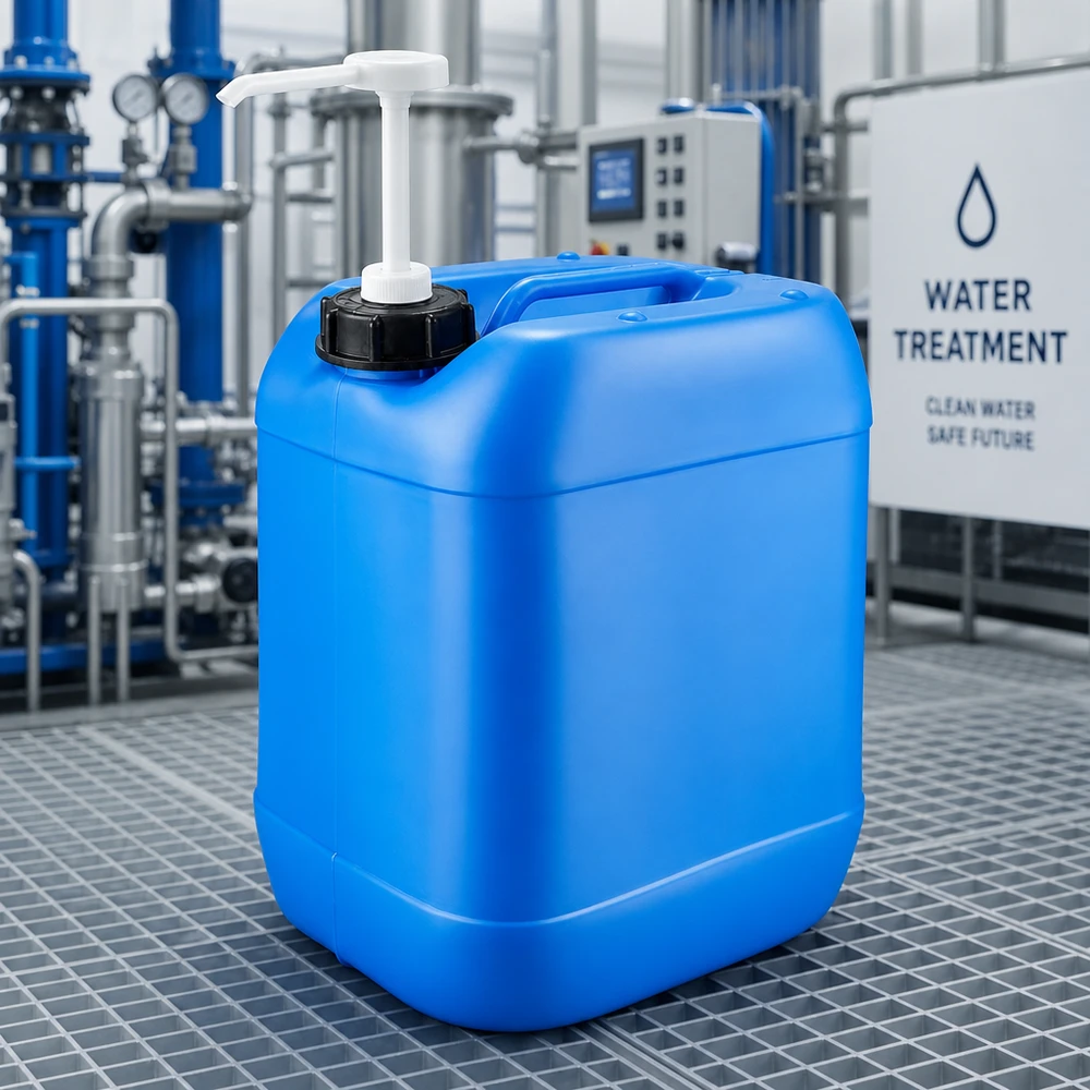 Tanica da 20 litri blu con pompa dosatrice in un impianto di trattamento dell'acqua
