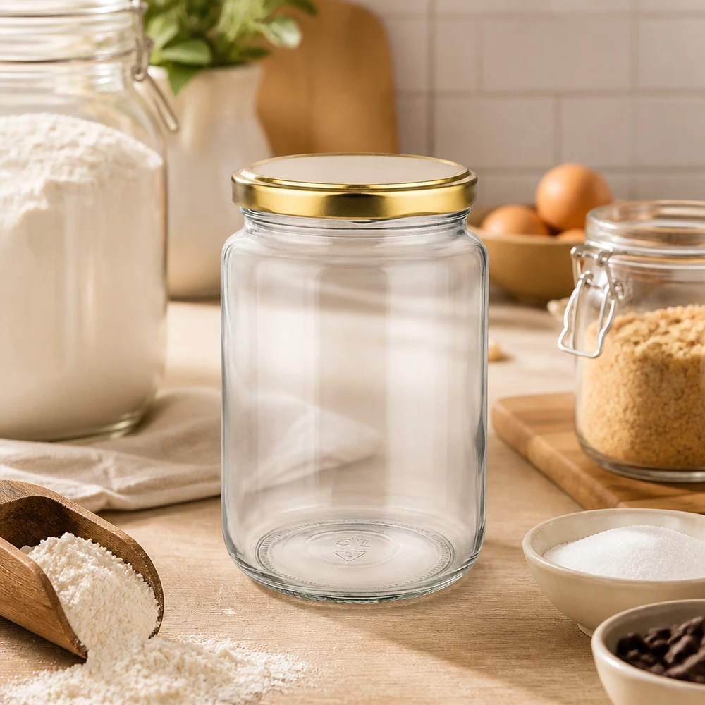 Barattolo rotondo da 795 ml con coperchio BasicSeal oro UNiTWIST Barattolo rotondo vuoto da 795 ml con coperchio BasicSeal dorato in ambiente da cucina con farina e ingredienti da forno su una tavola di legno