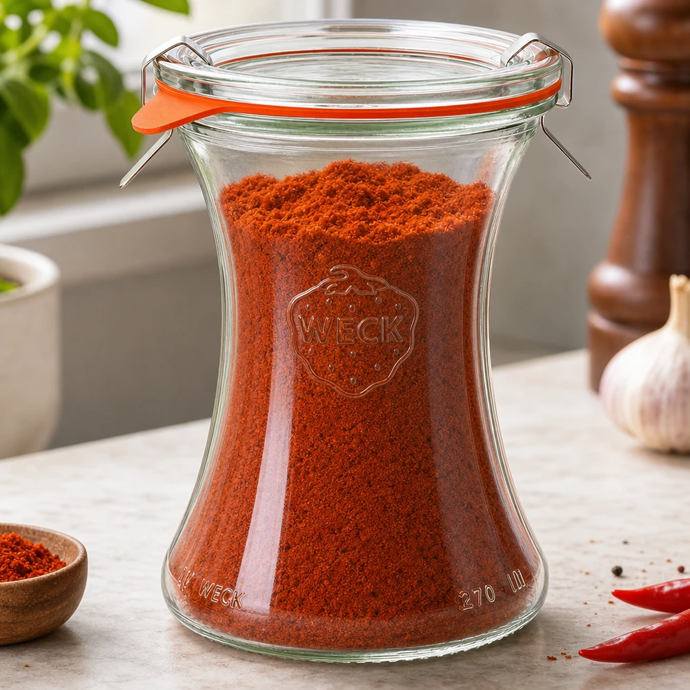 Barattolo da 370 ml della linea WECK RR80 Barattolo per salumi WECK 370ml RR80 riempito con paprika rossa in polvere Conservazione delle spezie in cucina