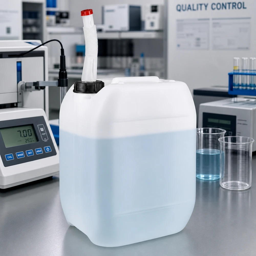 Tanica da 10 litri con tubo di uscita flessibile Tanica da 10 litri riempita a metà con tubo di scarico flessibile, accanto a un misuratore di pH e a dei becher nel laboratorio