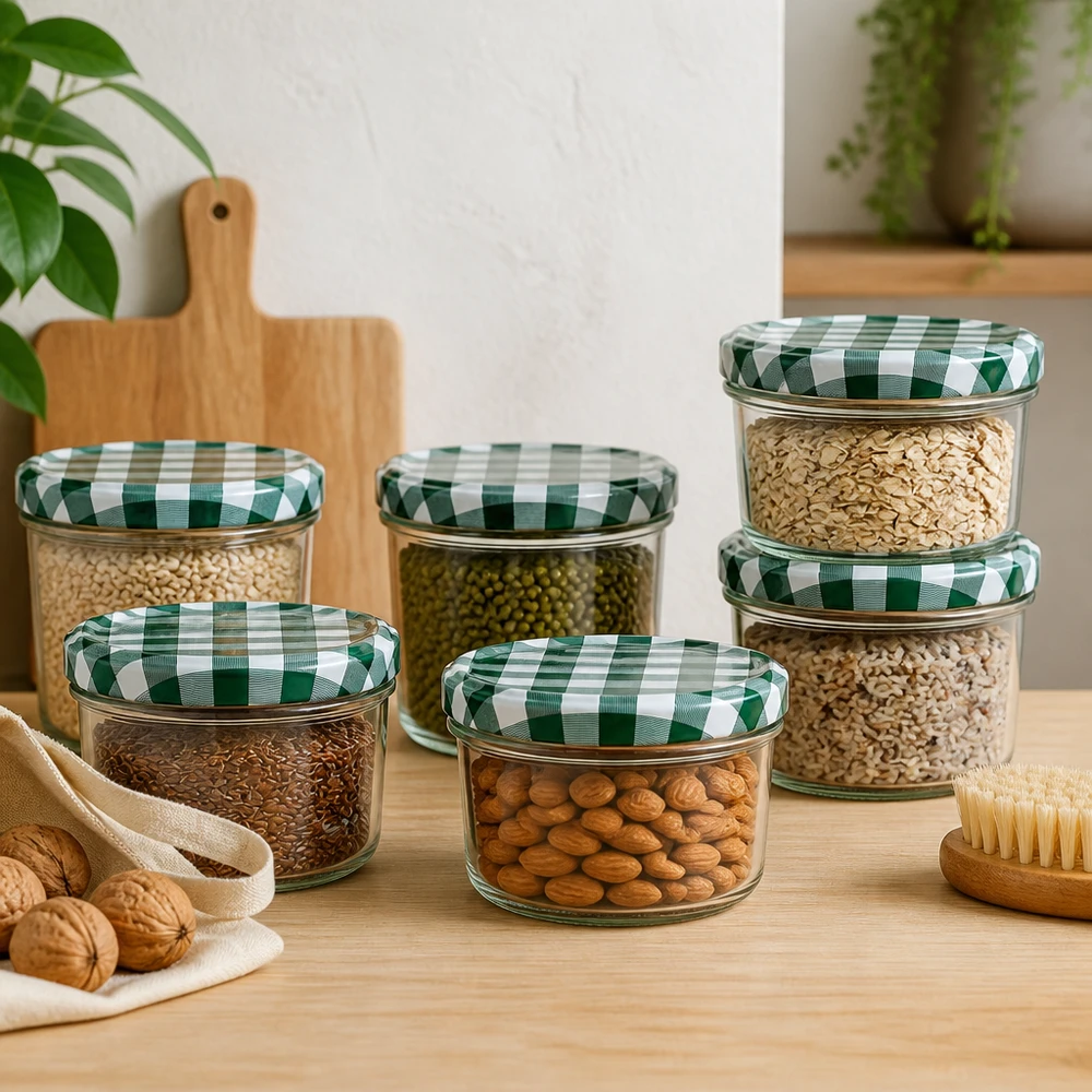 Bicchieri da 230 ml + coperchio BasicSeal verde/bianco UN.. Set di barattoli da 230 ml di varie dimensioni con frutta secca e cereali, coperchio a scacchiera verde e bianco.