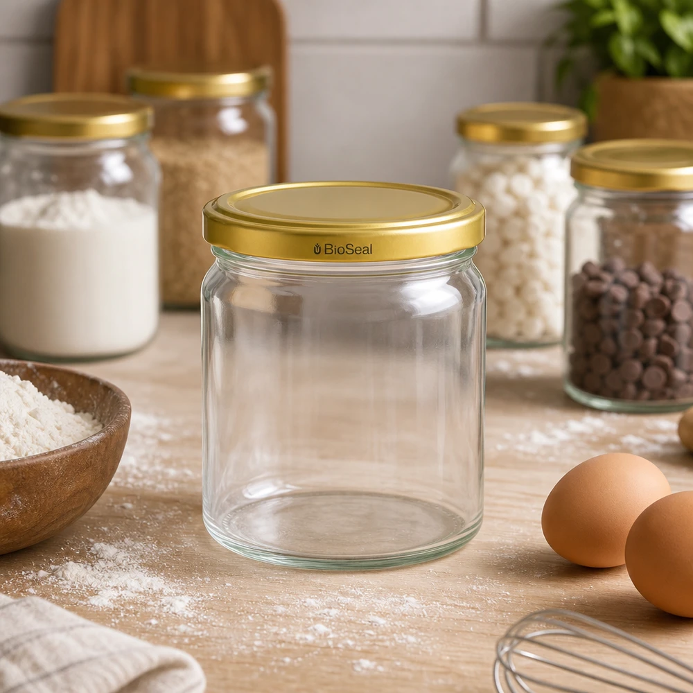 UNiTWIST Runda408 con coperchio dorato. Coperchio TO82 BioSeal UNiTWIST Runda408 barattolo vuoto con coperchio dorato TO82 BioSeal in cucina con ingredienti da forno farina uova e barattoli di stoccaggio