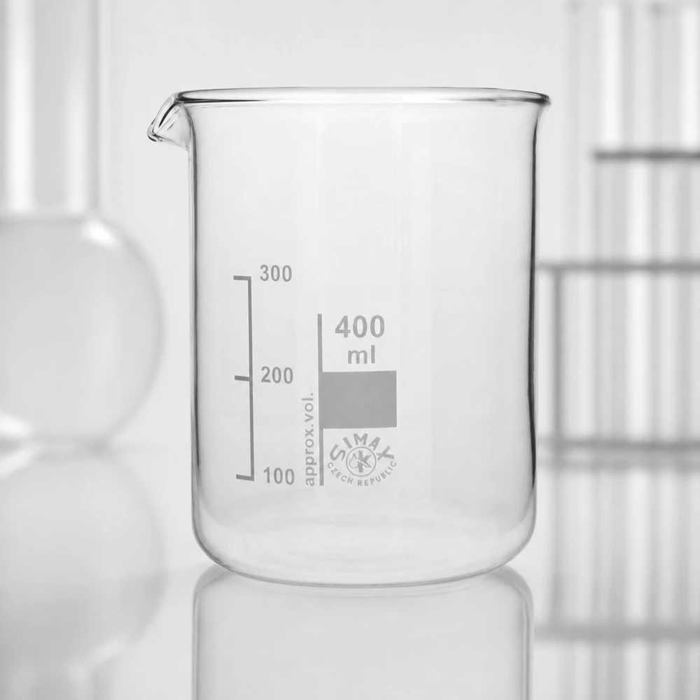 Bicchiere da laboratorio da 400 ml, forma bassa con pratico beccuccio per un dosaggio preciso