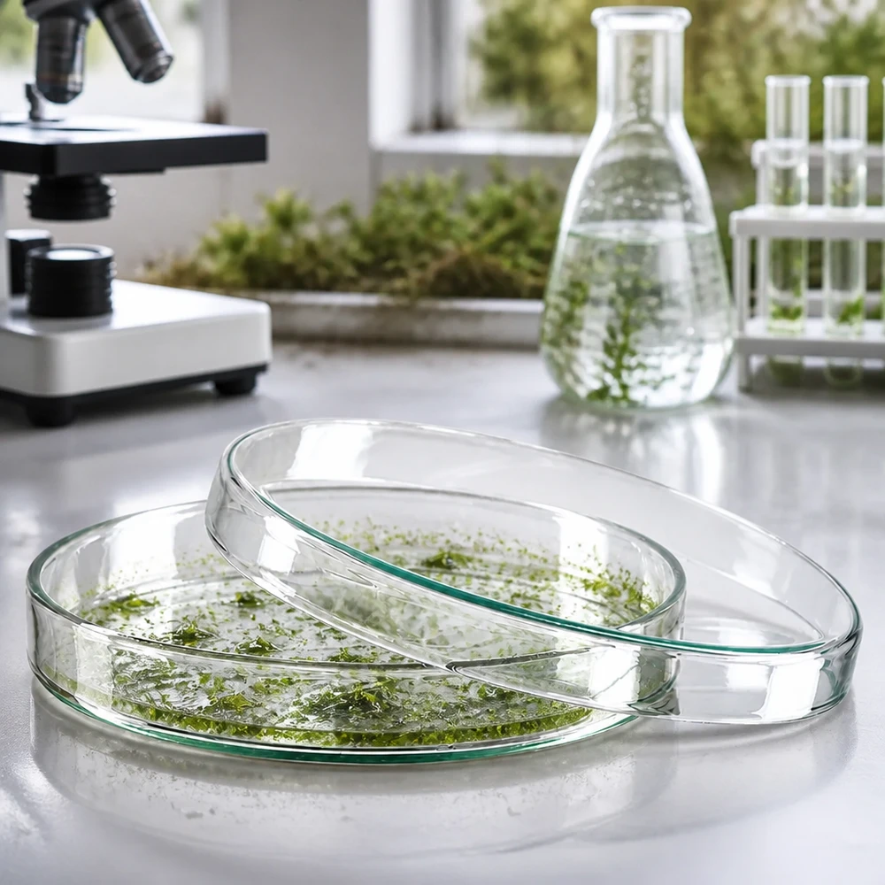 Piastra Petri 120x20 mm in vetro Piastra di Petri da 120x20 mm in vetro borosilicato con colture di alghe verdi su un piano da laboratorio argentato