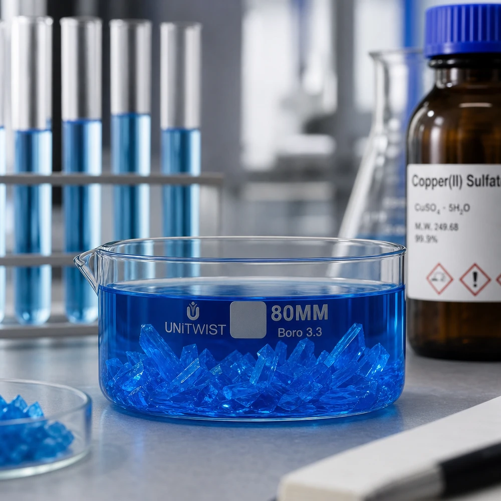 Piatto per cristallizzazione ø80 mm in vetro borosilicato UNiTWIST Cristalli blu di solfato di rame nella vaschetta di cristallizzazione UNiTWIST da 80 mm in vetro borosilicato da laboratorio
