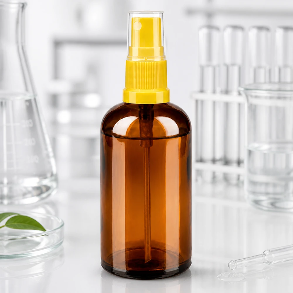 Flacone spray da 100 ml giallo/trasparente STD BrownLine UT18/100 Flacone spray di protezione dalla luce 100ml in vetro robusto per ingredienti sensibili alla luce