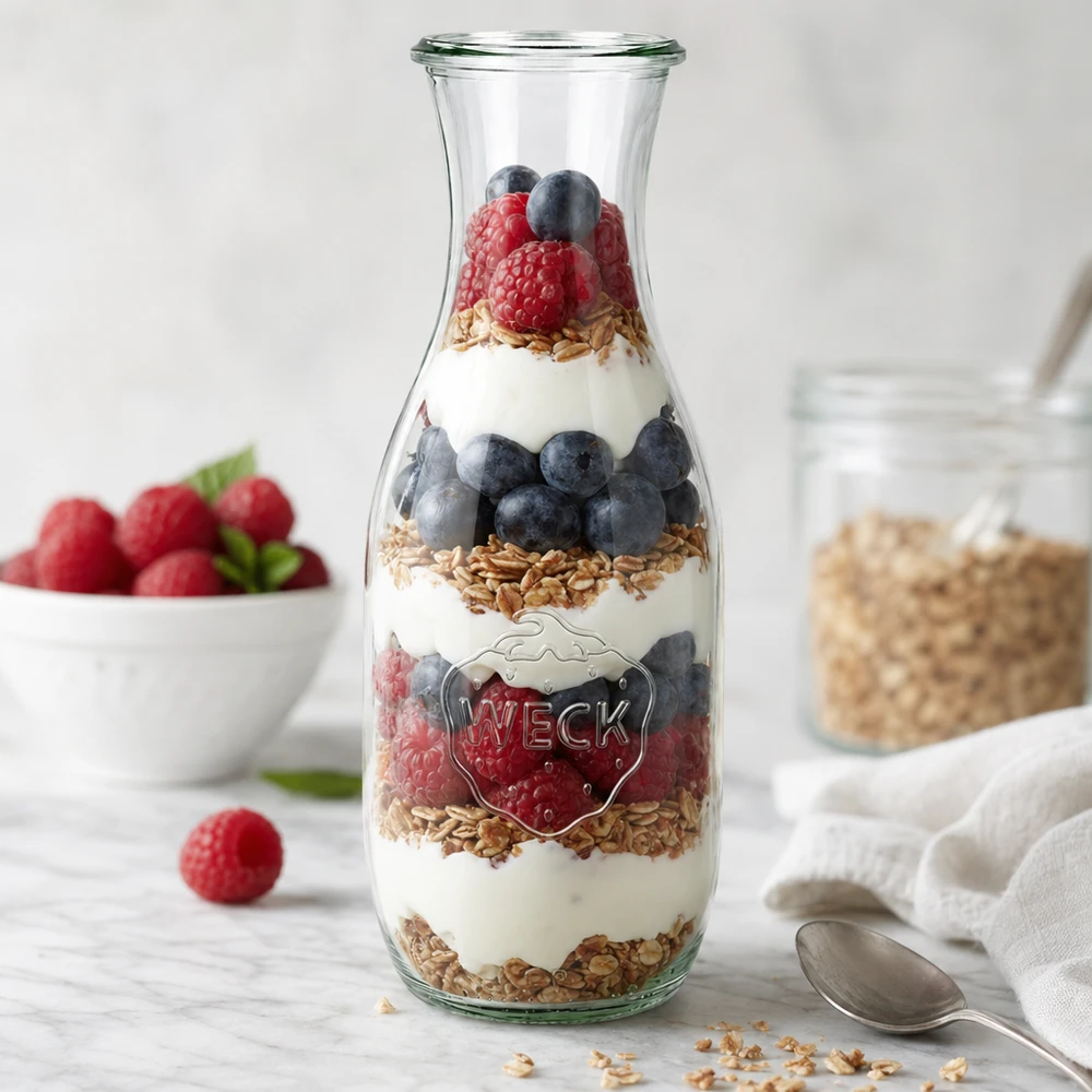 Bottiglia di succo WECK da 1062 ml RR60 come barattolo per parfait con yogurt, bacche e granola, accanto a cucchiaio e frutta.