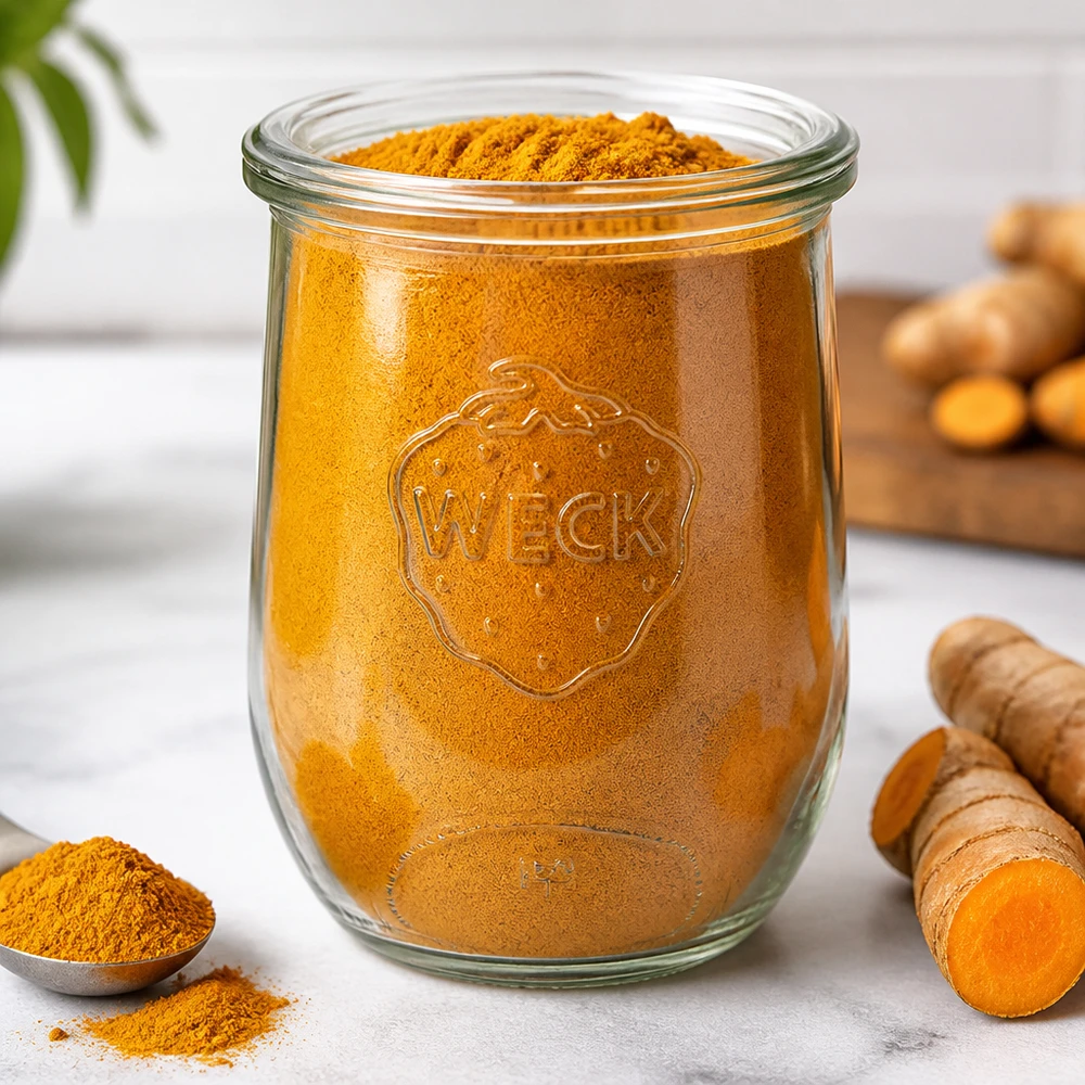 Vaso a tulipano WECK 1062ml RR100 riempito di curcuma in polvere accanto a radici di curcuma fresche Cucina per la conservazione delle spezie
