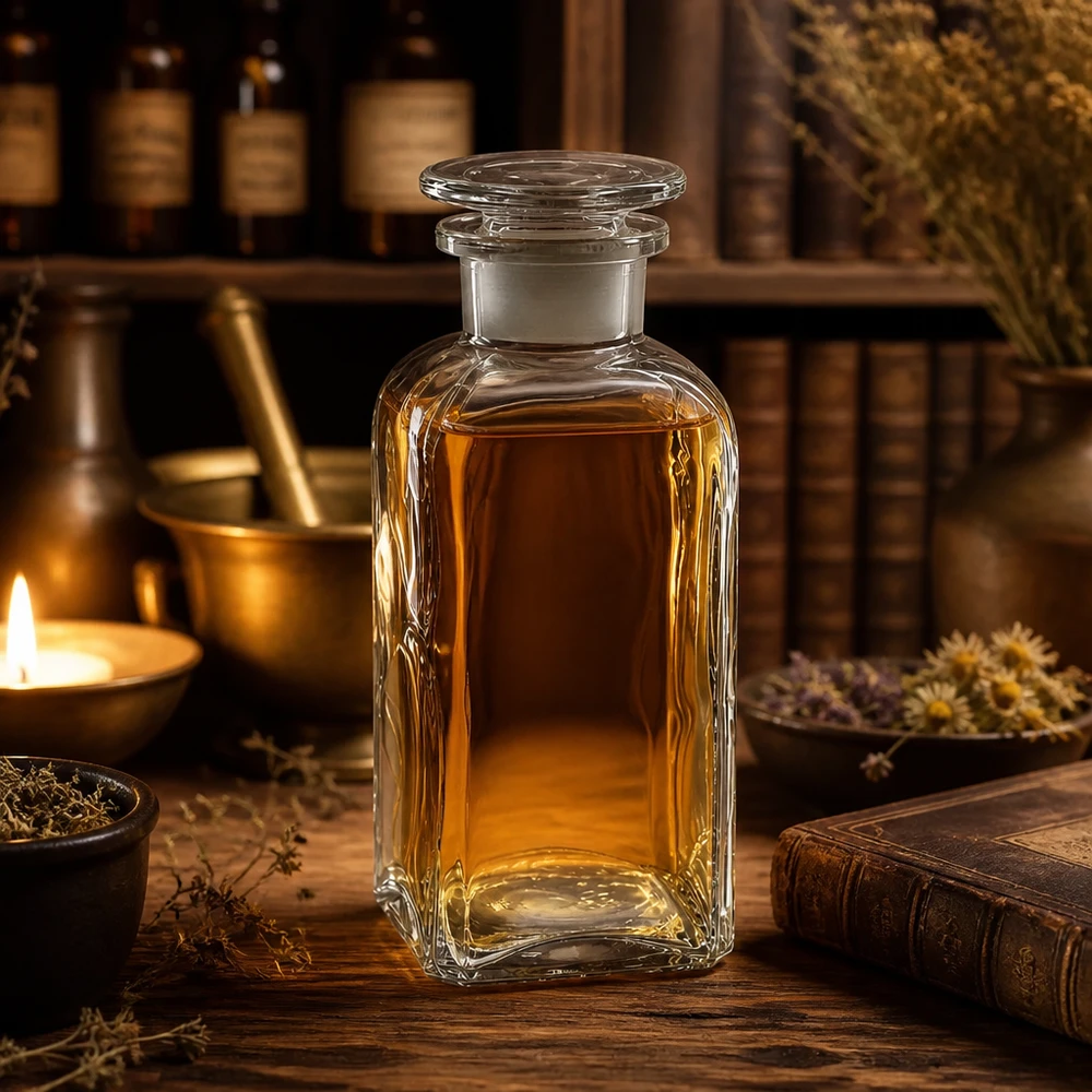 Bottiglia quadrata 350ml trasparente a collo largo con tappo in vetro Fiaschetta da farmacia da 350 ml, a sezione quadrata, a collo largo, con tappo in vetro, per oli e tinture