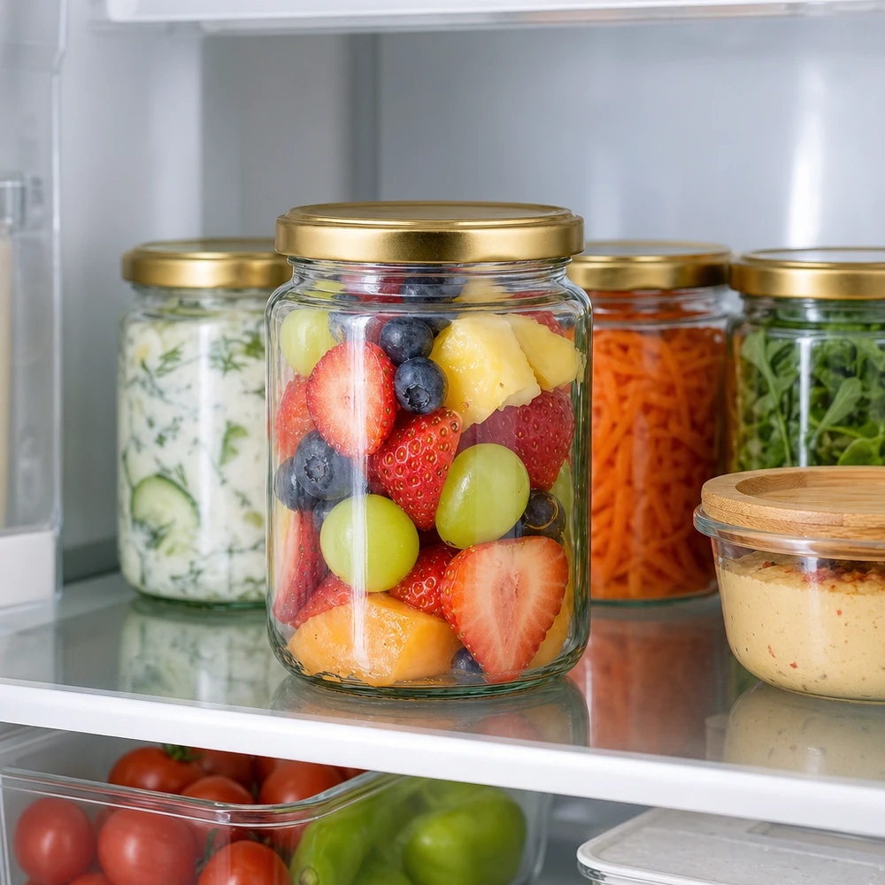 Vasetto per miele da 450 g con capsula dorata BasicSeal UNiTWIST 450g Honigglas BasicSeal im Kühlschrank mit Früchten gefüllt zeigt praktische Aufbewahrung für frische Lebensmittel