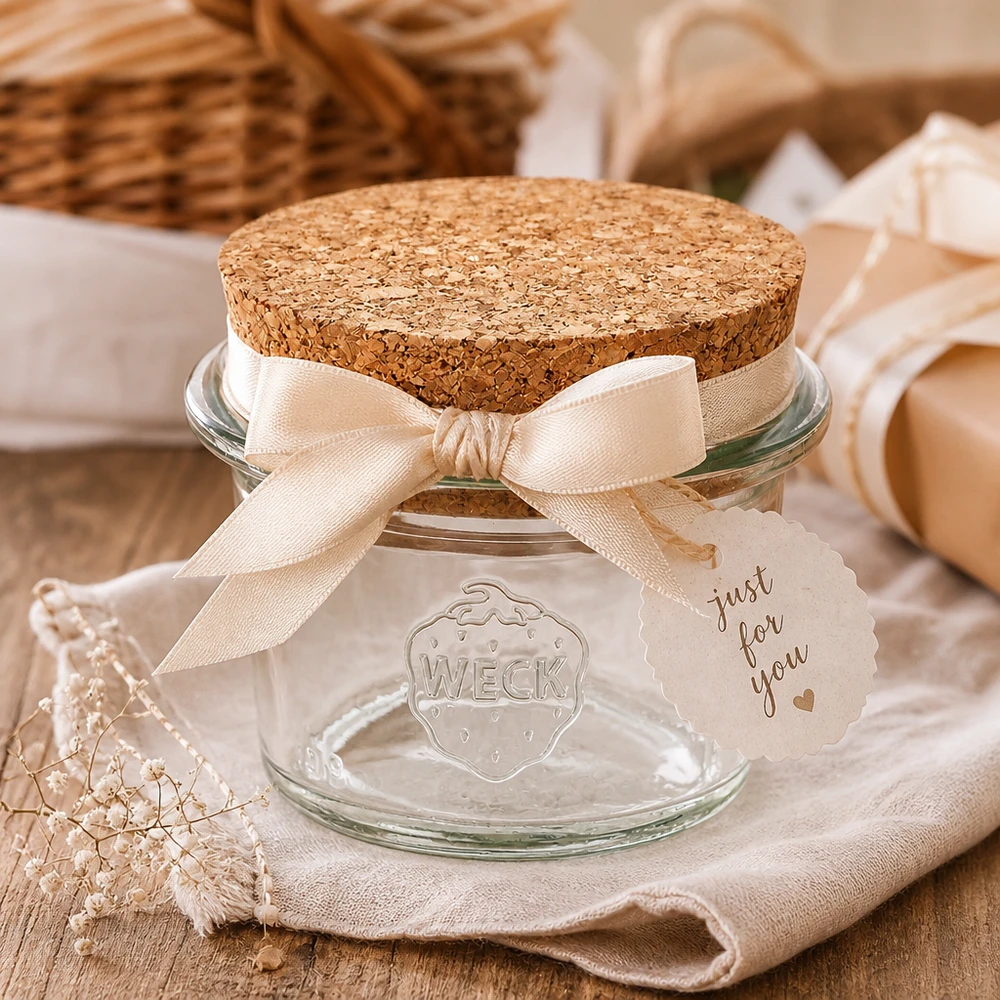 Barattolo da 35ml WECK RR40 con tappo in sughero naturale WECK RR40 Bicchieri da 35 ml con tappo in sughero in confezione regalo con fiocco decorativo ed etichetta