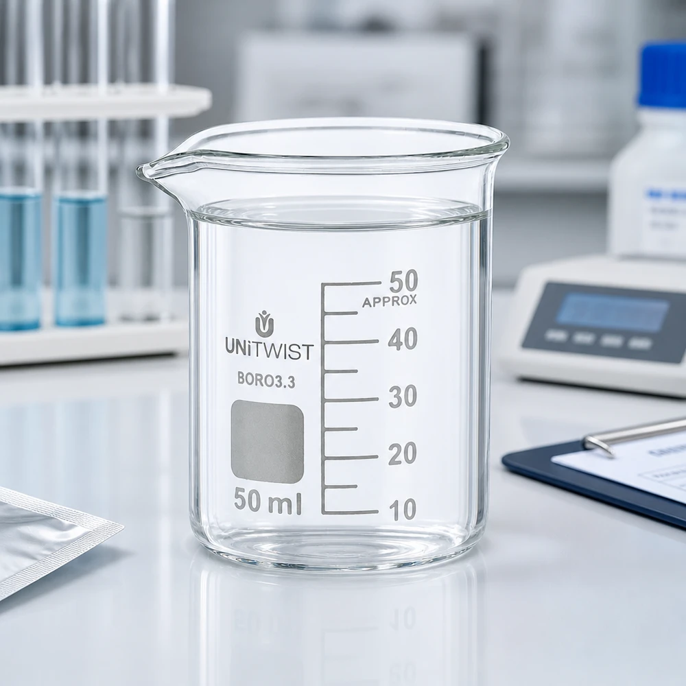 Bicchiere di vetro vuoto da 50 ml UNiTWIST, forma bassa, in vetro borosilicato con scala millimetrica incisa