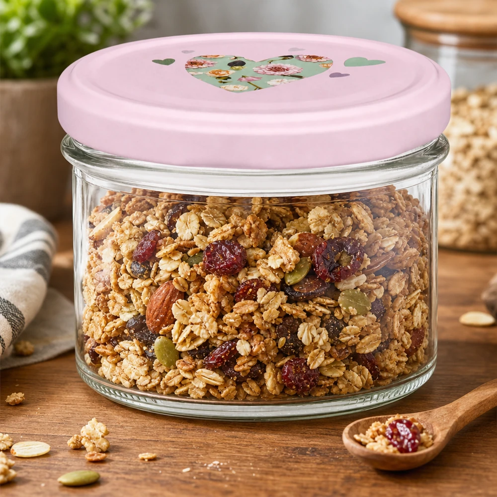 Bicchieri da 225 ml + coperchio BasicSeal cuore rosa UNiTWIST Barattolo da conserva da 225 ml con coperchio rosa a forma di cuore, riempito di muesli e noci come barattolo di conservazione su un tavolo di legno