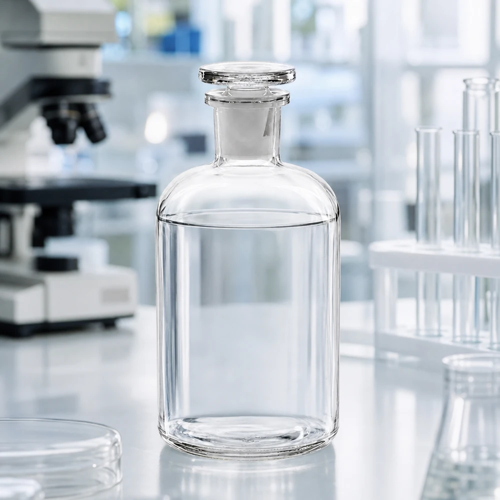 Bottiglia a spalla tonda 500ml trasparente a collo stretto in vetro con tappo Fiaschetta da laboratorio trasparente da 500 ml con collo stretto e tappo di vetro su un tavolo da laboratorio bianco