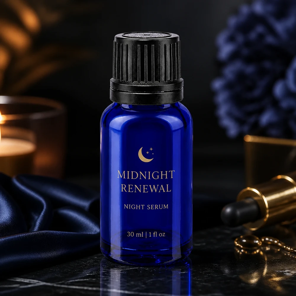 Flacone 10ml blu (Glo.) GR OV nero/8mm ApoGlas Flacone da farmacia blu da 10 ml con tappo OV nero su marmo scuro con tessuto di seta