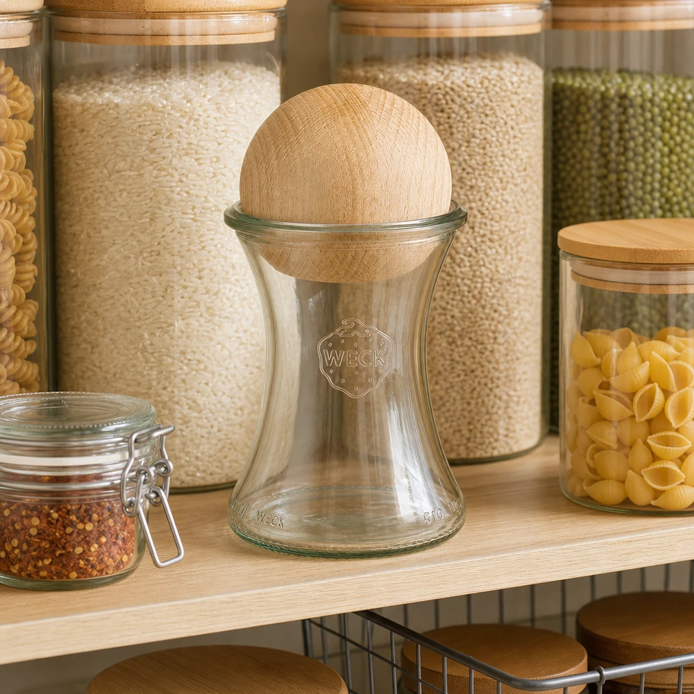 Vaso per salumeria WECK 370ml RR80 con sfera in faggio in un rack di stoccaggio tra vasi da conserva pieni di pasta di riso