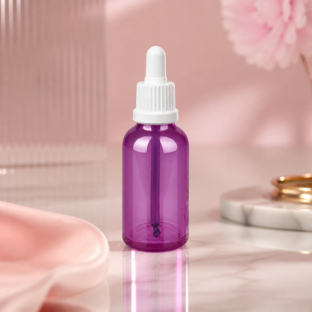 Bottiglia per pipette da 30 ml con tappo a vite bianco originalità PurpleLine UT18/30 Bottiglia per pipette da 30 ml in vetro viola con tappo bianco per la conservazione igienica del prodotto