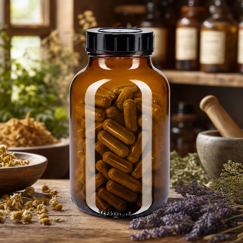 Bottiglia a collo largo da 1000ml in vetro ambrato con tappo a vite Bottiglia marrone a collo largo da 1000 ml con tappo a vite per capsule e prodotti farmaceutici