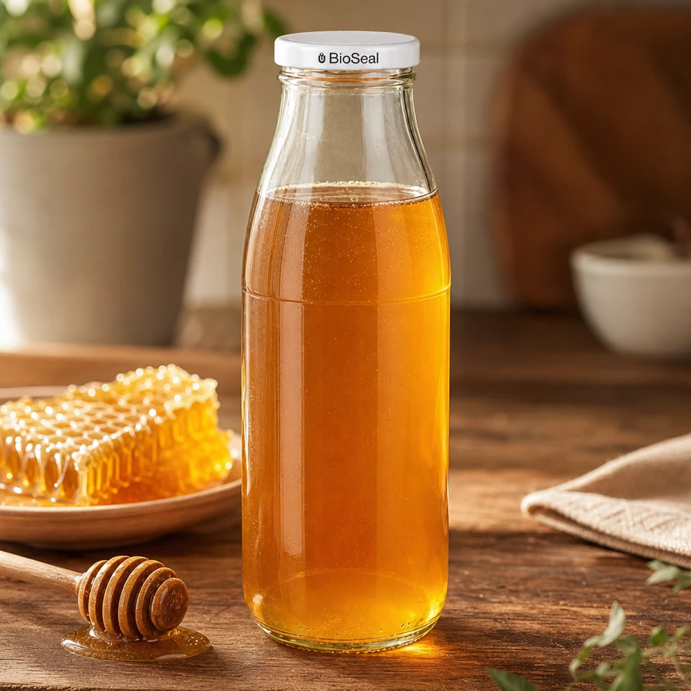 Bottiglia di vetro da 500 ml + coperchio BioSeal bianco UN.. Bottiglia di vetro da 500 ml riempita di miele, coperchio bianco BioSeal, accanto a favo e cucchiaio da miele su tavolo di legno