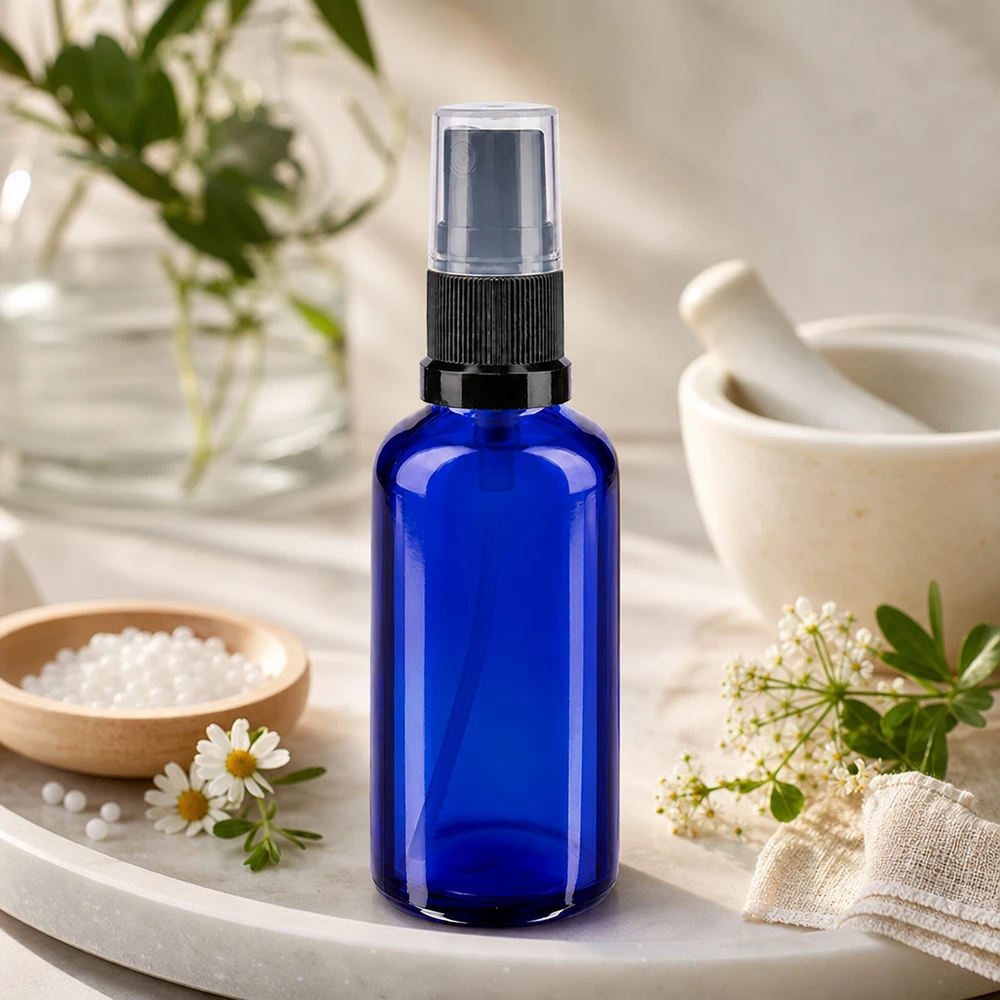 Flacone di vetro blu da 50 ml con spruzzatore nero, tra fiori di camomilla e un mortaio
