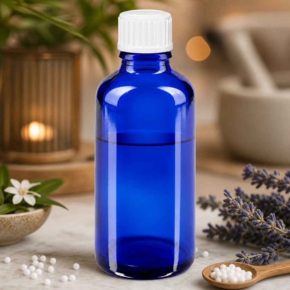 Flacone 50ml blu (Glo.) GR STD bianco/3mm ApoGlas Globuli omeopatici in un flacone di vetro da farmacia blu da 50 ml con tappo di sicurezza bianco a prova di bambino