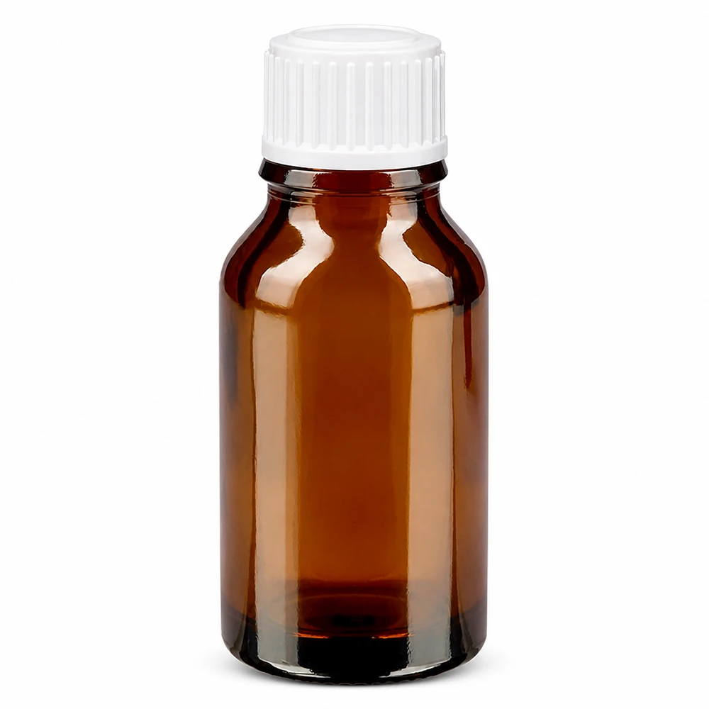 Flacone farmacia marrone 15ml contagocce bianco 0,8mm pz. Flacone da farmacia marrone da 15 ml con tappo contagocce bianco da 0,8 mm in vetro ambrato