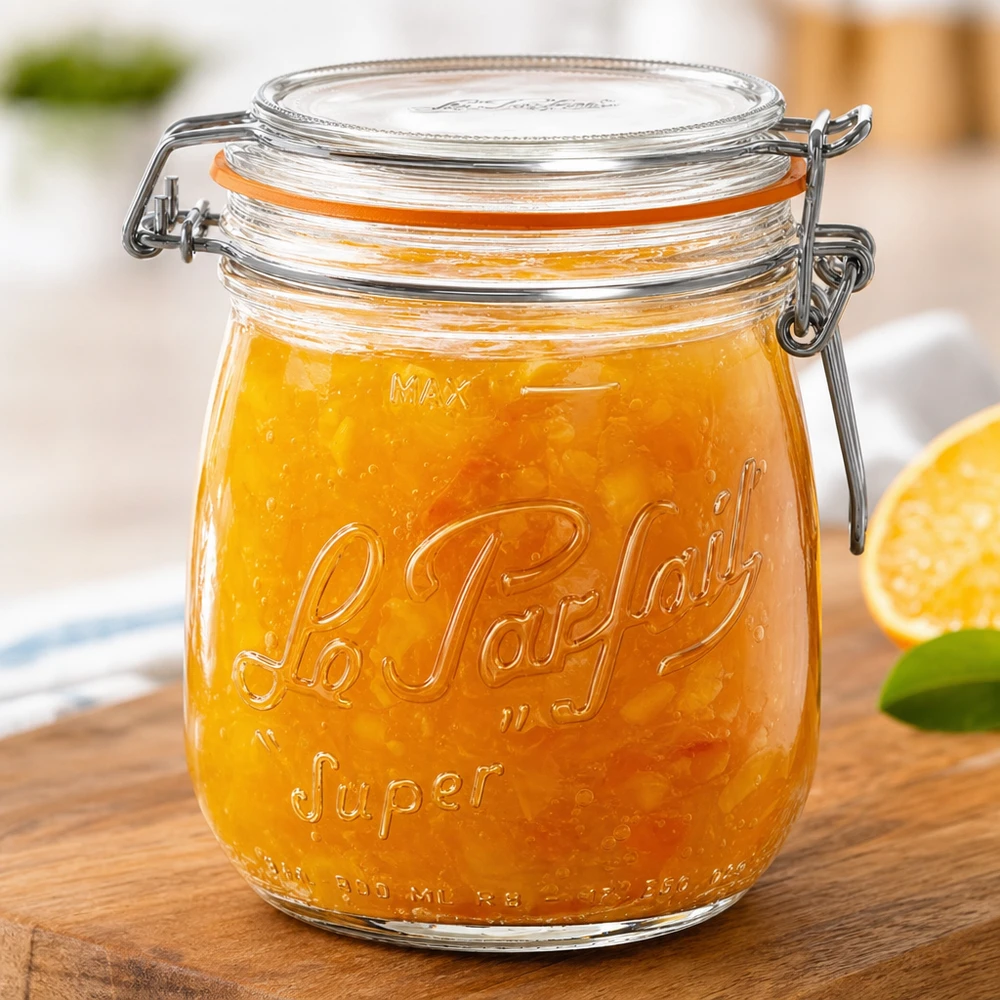 Vasetto Le Parfait Super da 750 ml con tappo girevole riempito di marmellata di arance su tavola di legno
