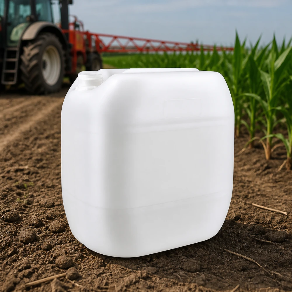 Tanica 30 litri senza tappo Tanica agricola da 30 litri senza tappo, in uso davanti a un trattore e a un campo di mais