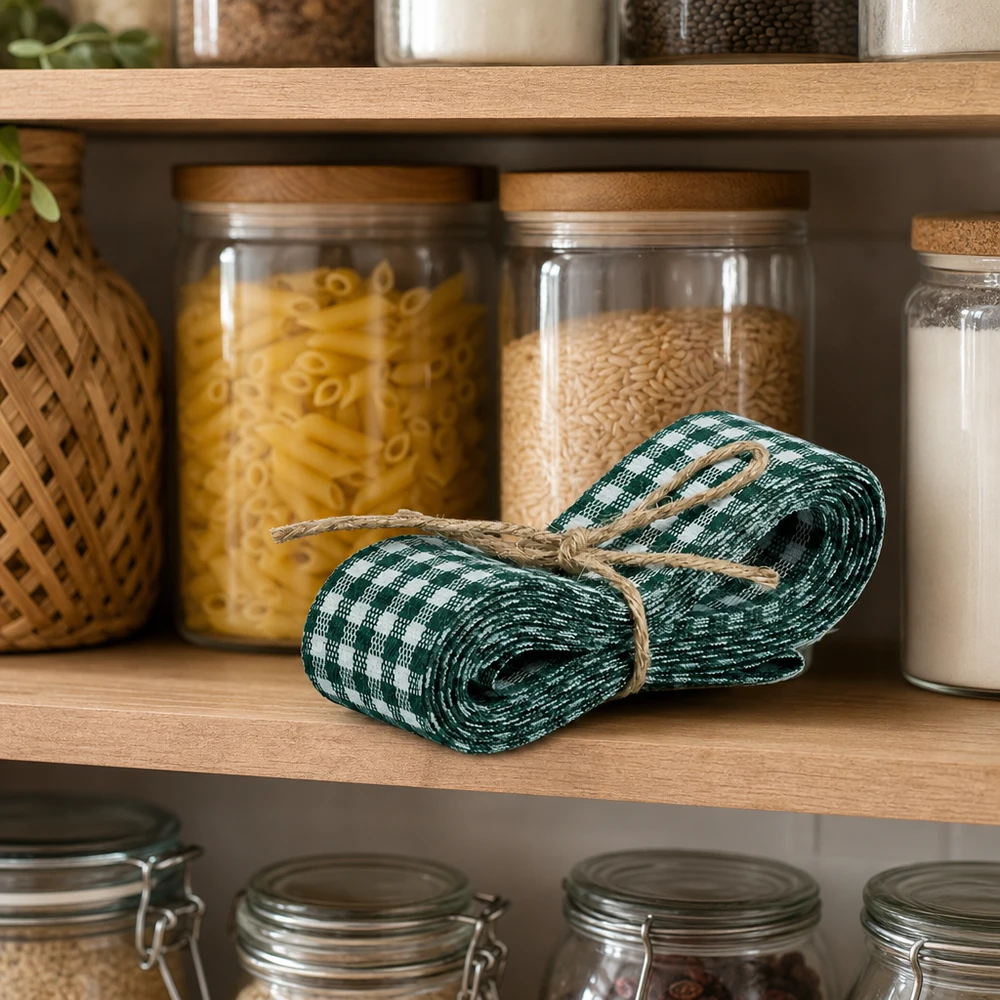 Nastro in tessuto verde/bianco per decorazioni, 300 cm Nastro in tessuto verde e bianco di 300 cm sul ripiano della cucina tra i barattoli di pasta e riso come decorazione della dispensa