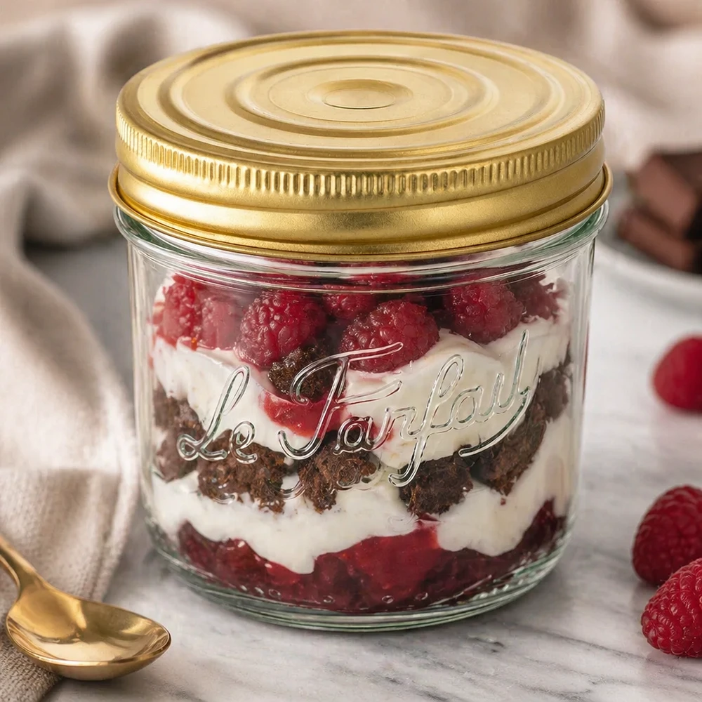 Bicchieri Familia Wiss da 415 ml con coperchio dorato riempiti con un dessert a strati di lamponi e crema su marmo