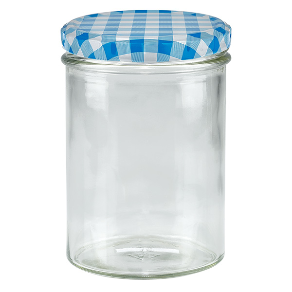 Barattolo di vetro da 435 ml + coperchio BasicSeal blu/bianco UN .