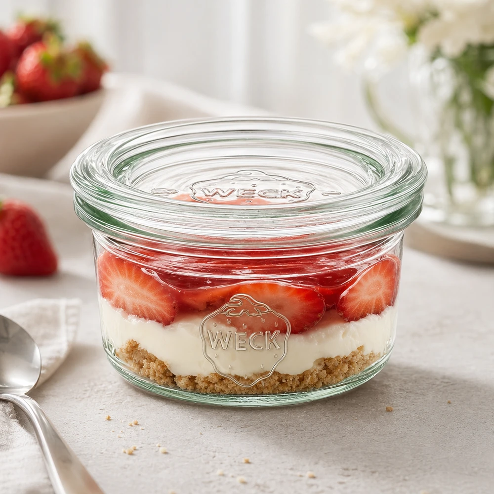 Bicchieri WECK 50ml RR60 con dessert a strati di fragole e panna come elegante porzione su un piano di lavoro bianco