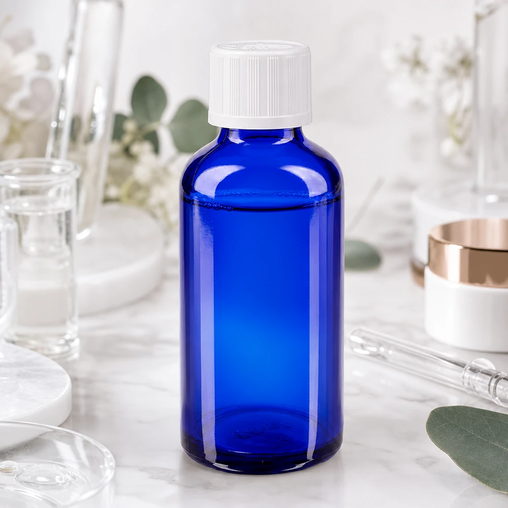 Bottiglia da farmacia blu da 50 ml. SV STD KiSi bianco/11mm ApoGlas Flacone da farmacia da 50 ml blu cobalto con tappo di sicurezza per bambini bianco in un ambiente di laboratorio