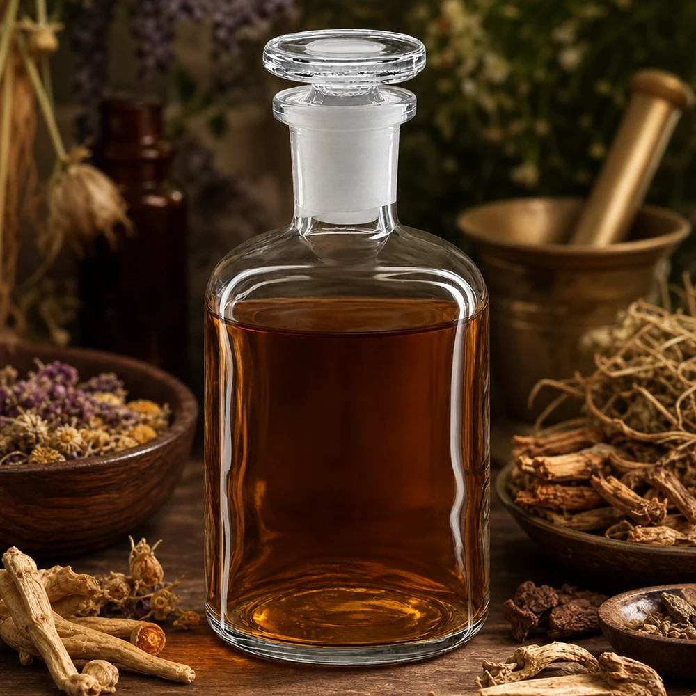 Bottiglia a spalla tonda 100ml chiara a collo stretto in vetro con tappo Fiaschetta da farmacia in vetro trasparente da 100 ml con tappo in vetro, contenente tintura di erbe, a collo stretto