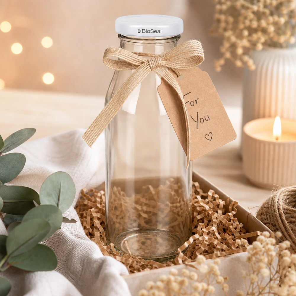 Bottiglia UNiTWIST263 con coperchio bianco TO43 BioSeal UNiTWIST Bottle263 Glasflasche mit weißem TO43 BioSeal Deckel als Geschenk dekoriert mit Schleife und Anhänger
