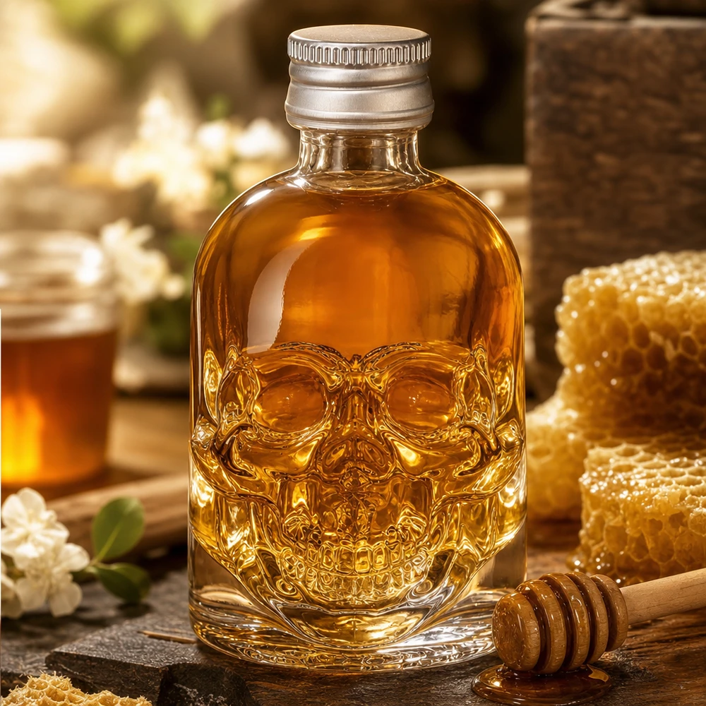 Bottiglia in vetro da 50 ml Hector con tappo a vite argento UNiTWIST® Bottiglia di vetro a teschio Hector da 50 ml riempita di miele accanto a favo e cucchiaio di miele in una cucina rustica