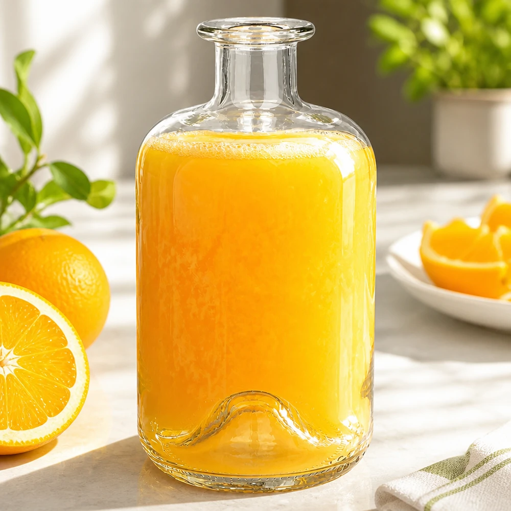 Flacone farmaceutico da 500 ml 500ml Glasflasche "Luna" ohne Verschluss UNiTWIST senza tappo UNiTWIST® Bottiglia in vetro Luna da 500 ml riempita di succo d'arancia fresco accanto a fette d'arancia come caraffa di succo in cucina