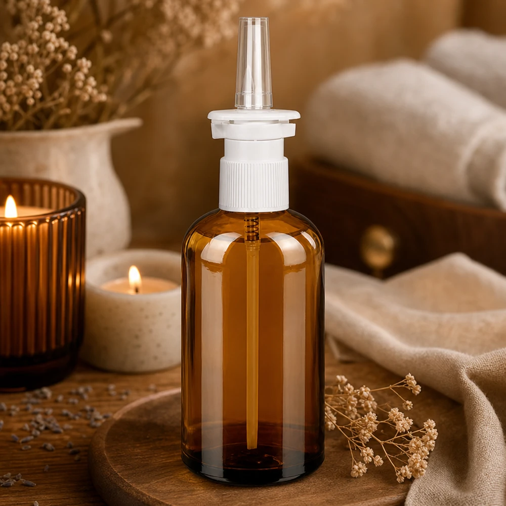 Flacone spray nasale da 100 ml c/tr. STD BrownLine UT18/100 Flacone in vetro da 100 ml per spray nasali, protetto dalla luce, con dosatore a pompa di facile utilizzo
