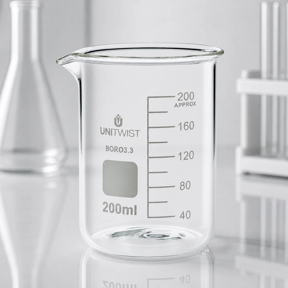 Bicchiere da laboratorio UNiTWIST da 200 ml in borosilicato, a forma bassa, con area di scrittura bianca