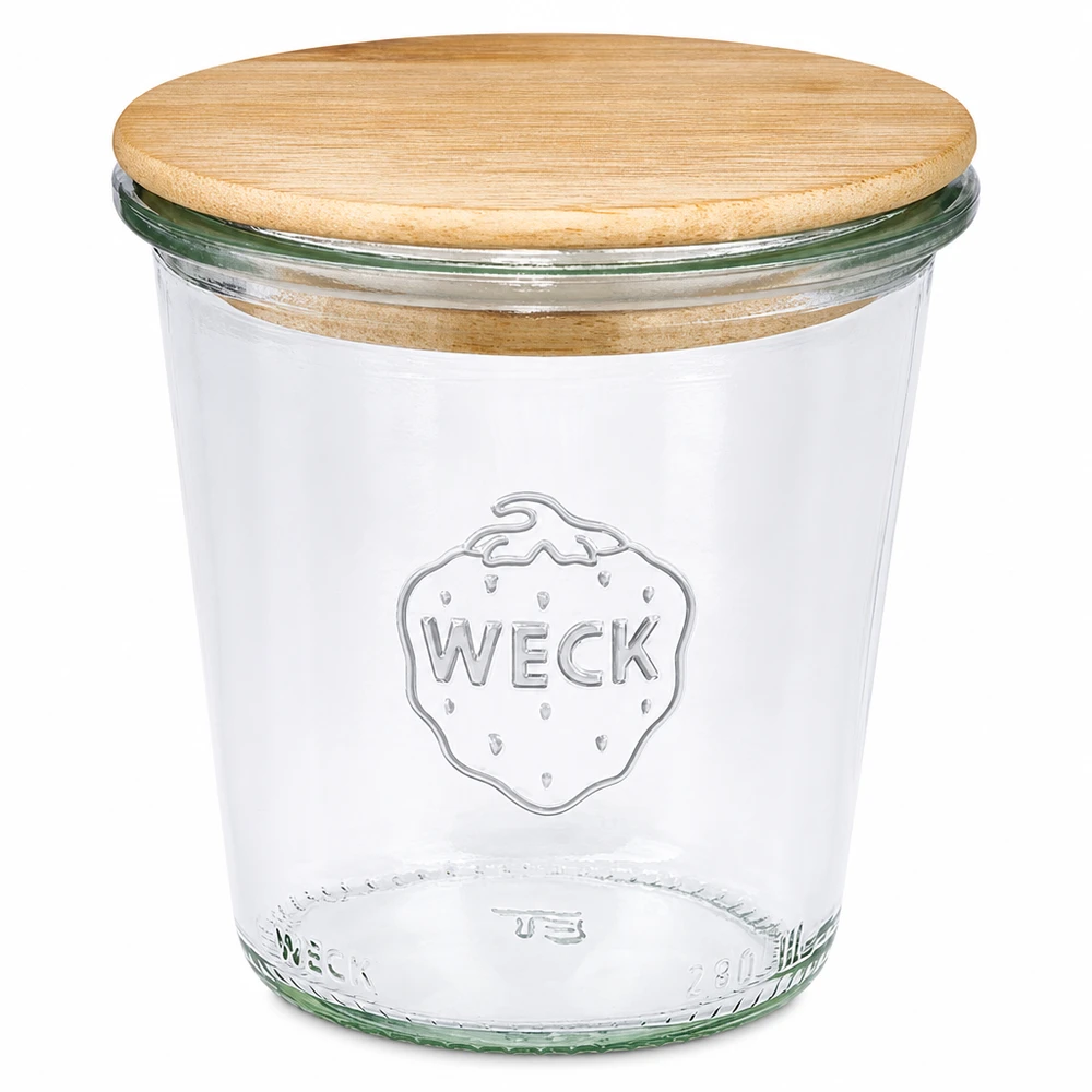 Bicchieri alti da 290 ml WECK RR80 con coperchio in legno Barattolo WECK 290ml alto RR80 con coperchio in legno Barattolo per conserve Barattolo in vetro con tappo a vite in legno