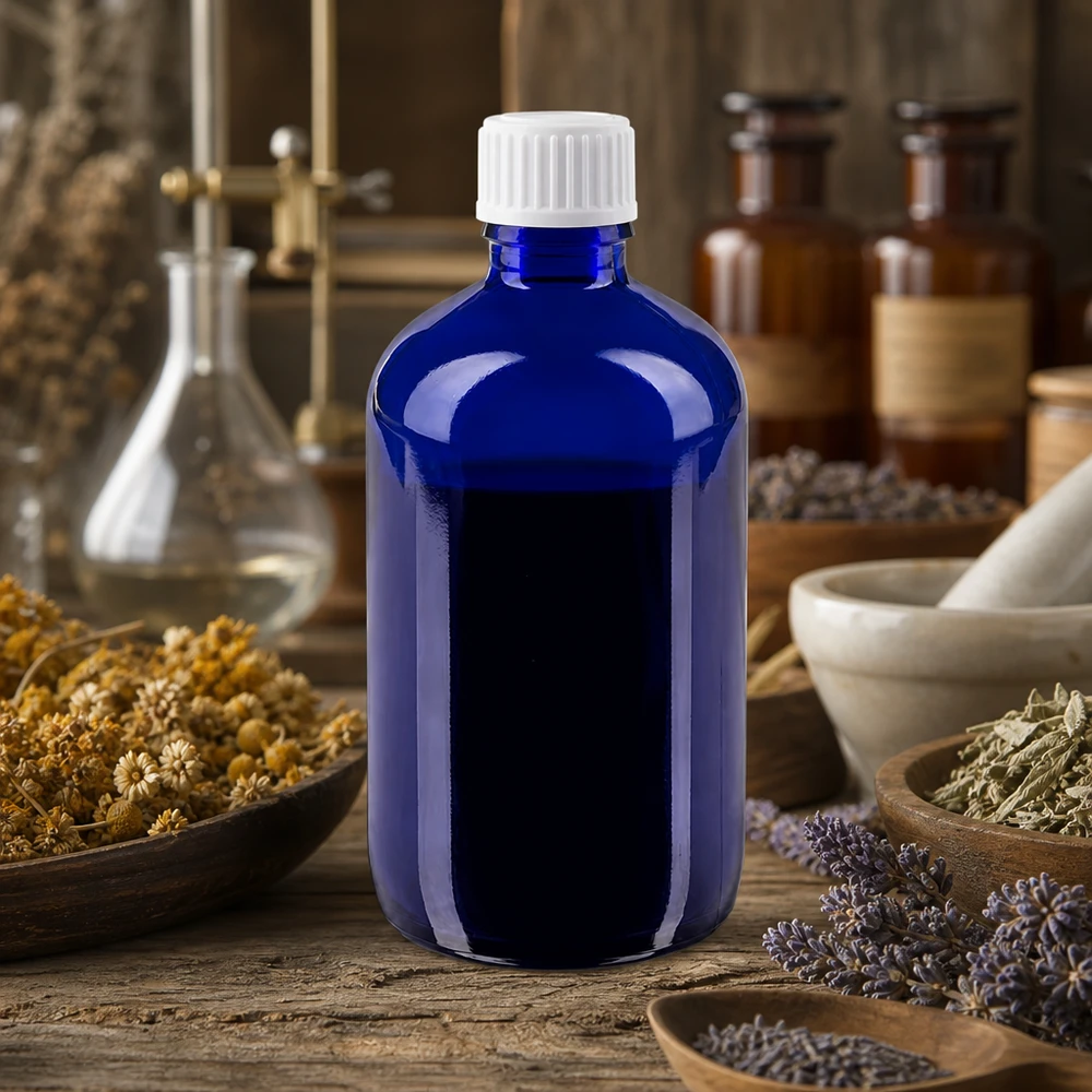 Flacone ApoGlas blu da 100 ml con tappo bianco STD su un tavolino di legno, tra erbe medicinali essiccate