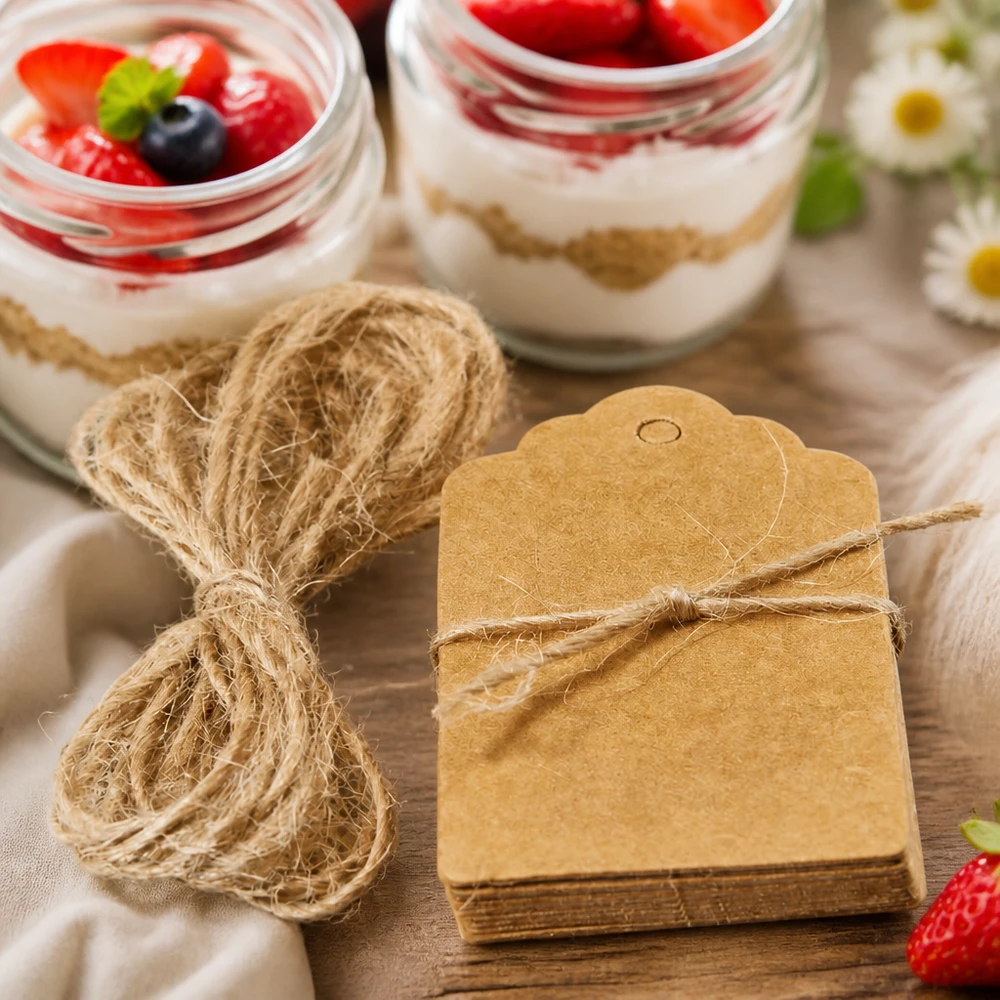 Cartellini di carta kraft marrone con cordoncino come decorazioni regalo accanto a bicchieri da dessert con bacche su un tavolo di legno
