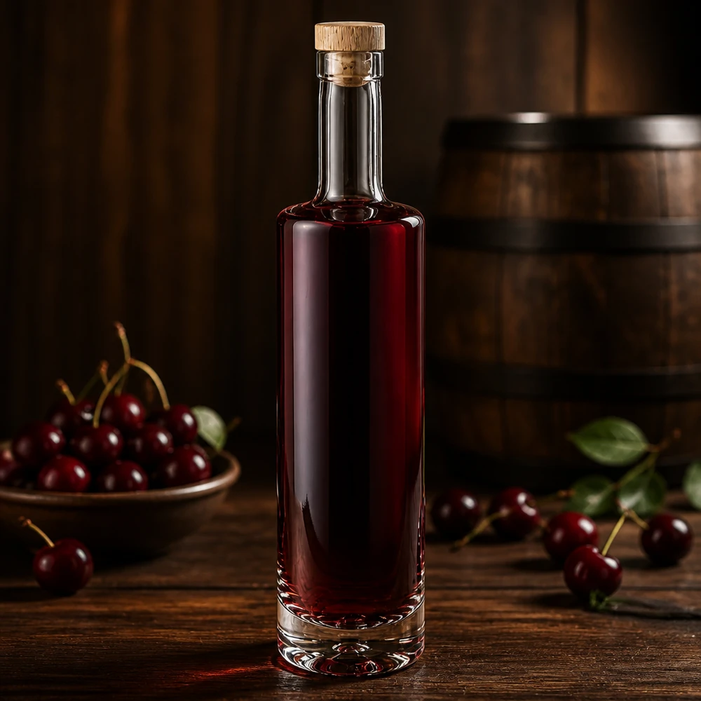 Bottiglia in vetro da 500 ml Lina con tappo in sughero con impugnatura in legno UNiTWIST® Bottiglia di vetro Lina da 500 ml con tappo in legno riempita di liquore alla ciliegia tra ciliegie fresche Decorazione da tavolo in legno rustico