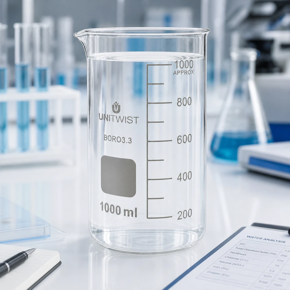 Bicchiere UNITWIST da 1000 ml, forma alta, in borosilicato 3.3, con acqua limpida in un laboratorio professionale
