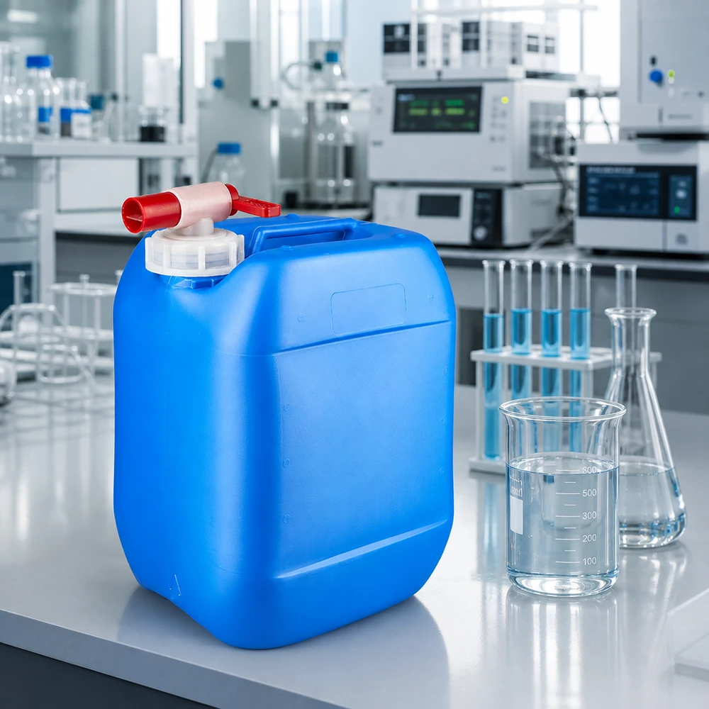 Tanica da 10 litri blu con rubinetto rosso sul tavolo da laboratorio, accanto a un becher e a un matraccio di Erlenmeyer