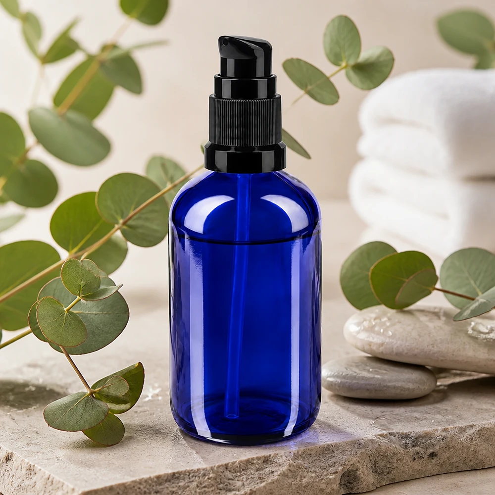 Flacone da farmacia blu in vetro da 100 ml con erogatore nero, tra rami di eucalipto e pietre da spa