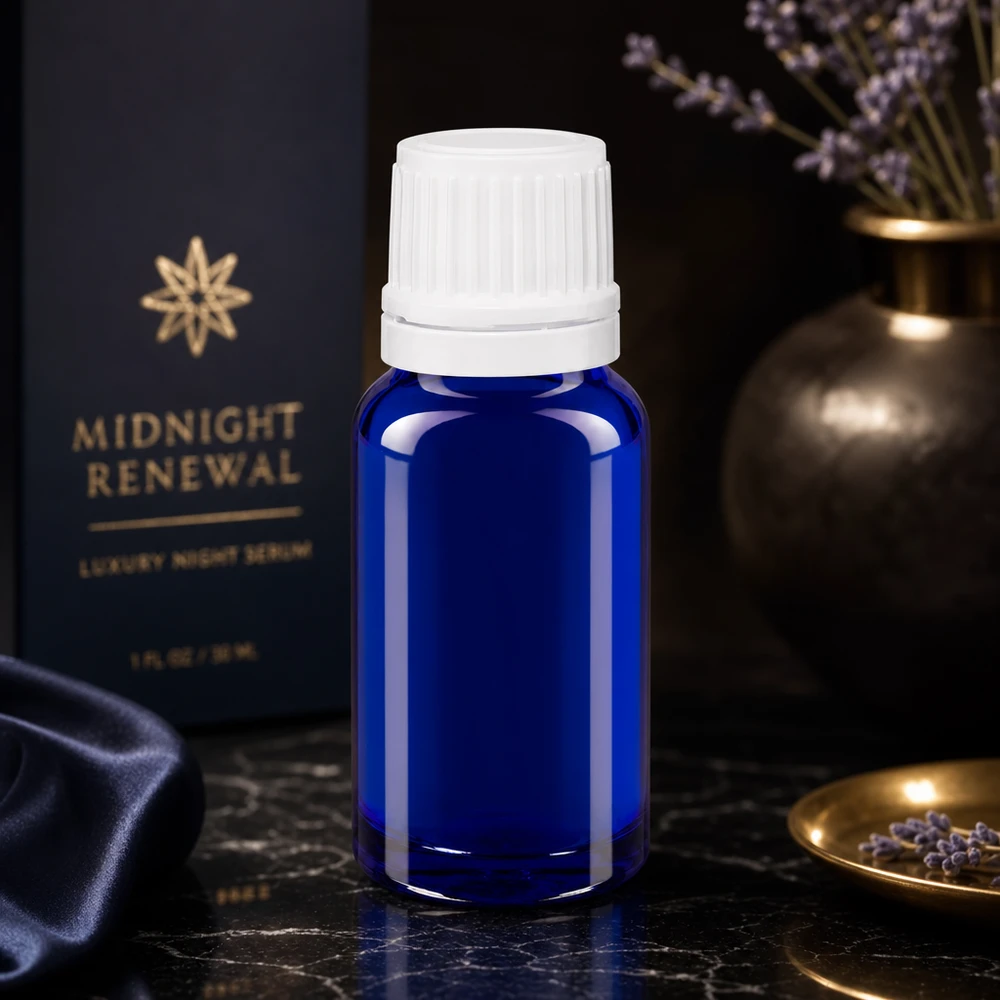 Flacone contagocce blu da 10ml OV bianco/0,7mm ApoGlas Flacone da farmacia blu da 10 ml con tappo bianco a prova di bambino su fondo di marmo nero